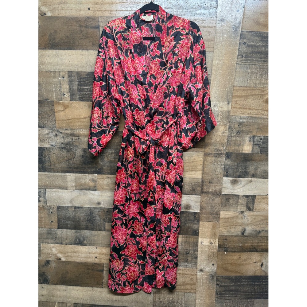 Vintage Victorias Secret Gold Label Floral Burnout Robe Red Pink Black P/S